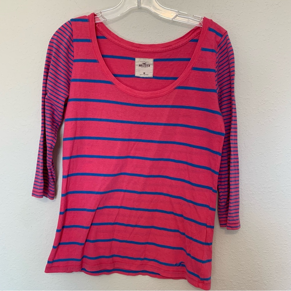 Hollister‎ Hot Pink & Blue Striped Scoop Neck Long Sleeve Top